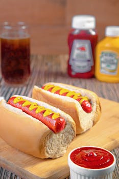 Two hot dogs with ketchup and mustard on a board, perfect for lunch.