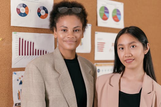 Two professional women posing in front of business charts, illustrating diversity in the workplace.