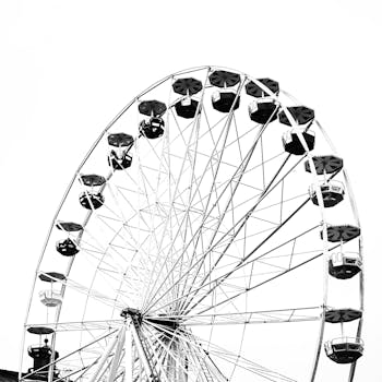 High contrast black and white shot of a Ferris wheel against the sky.