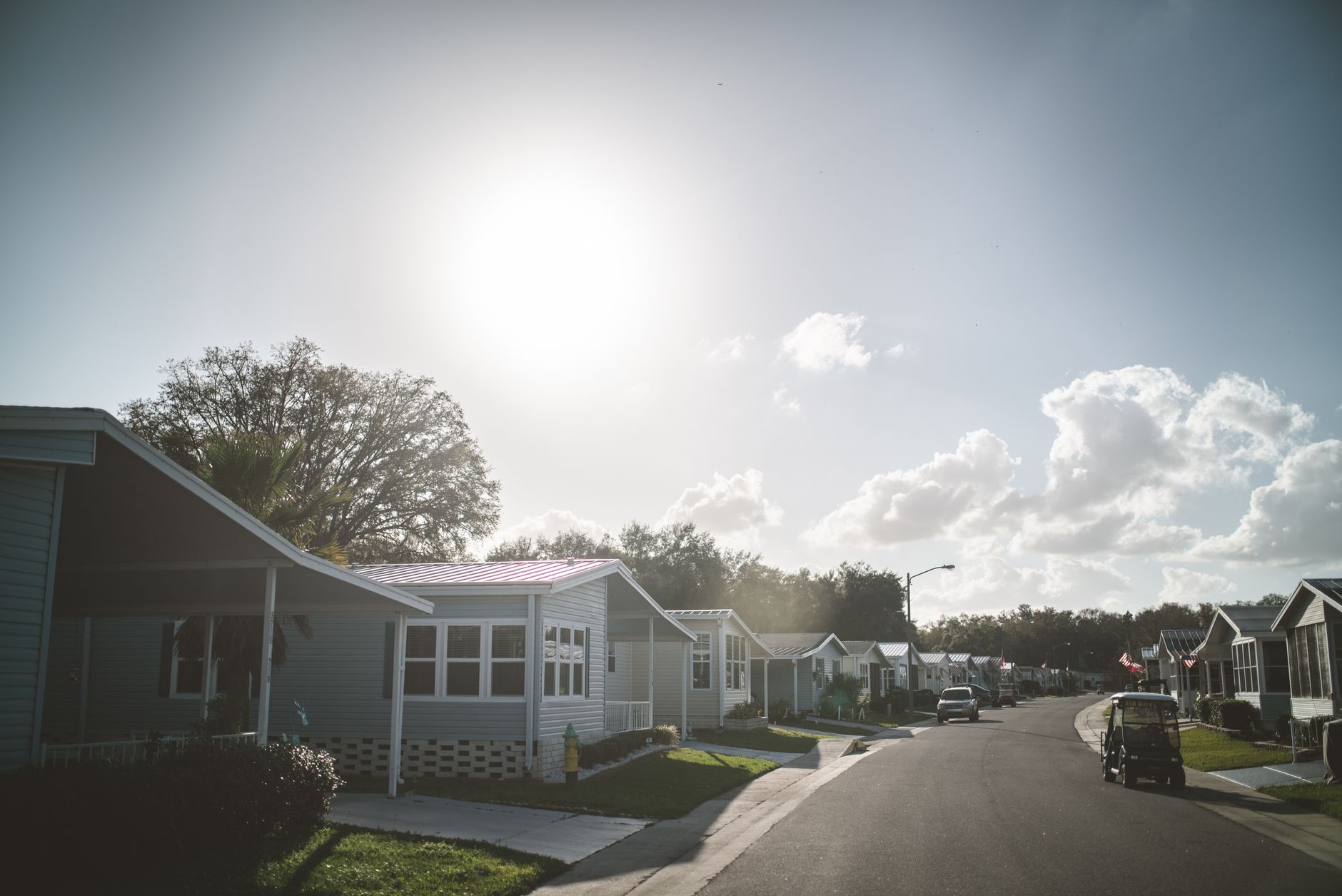 Quiet suburban street with houses, trees, and a clear blue sky. Perfect for real estate and lifestyle concepts.
