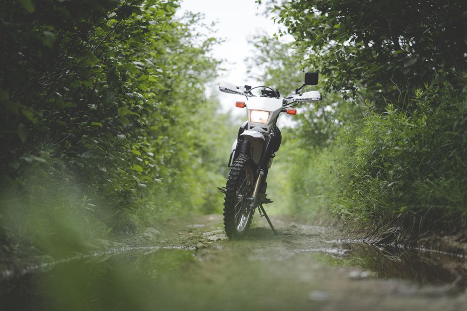 Parked dirt bike on a muddy forest trail, ready for adventure.