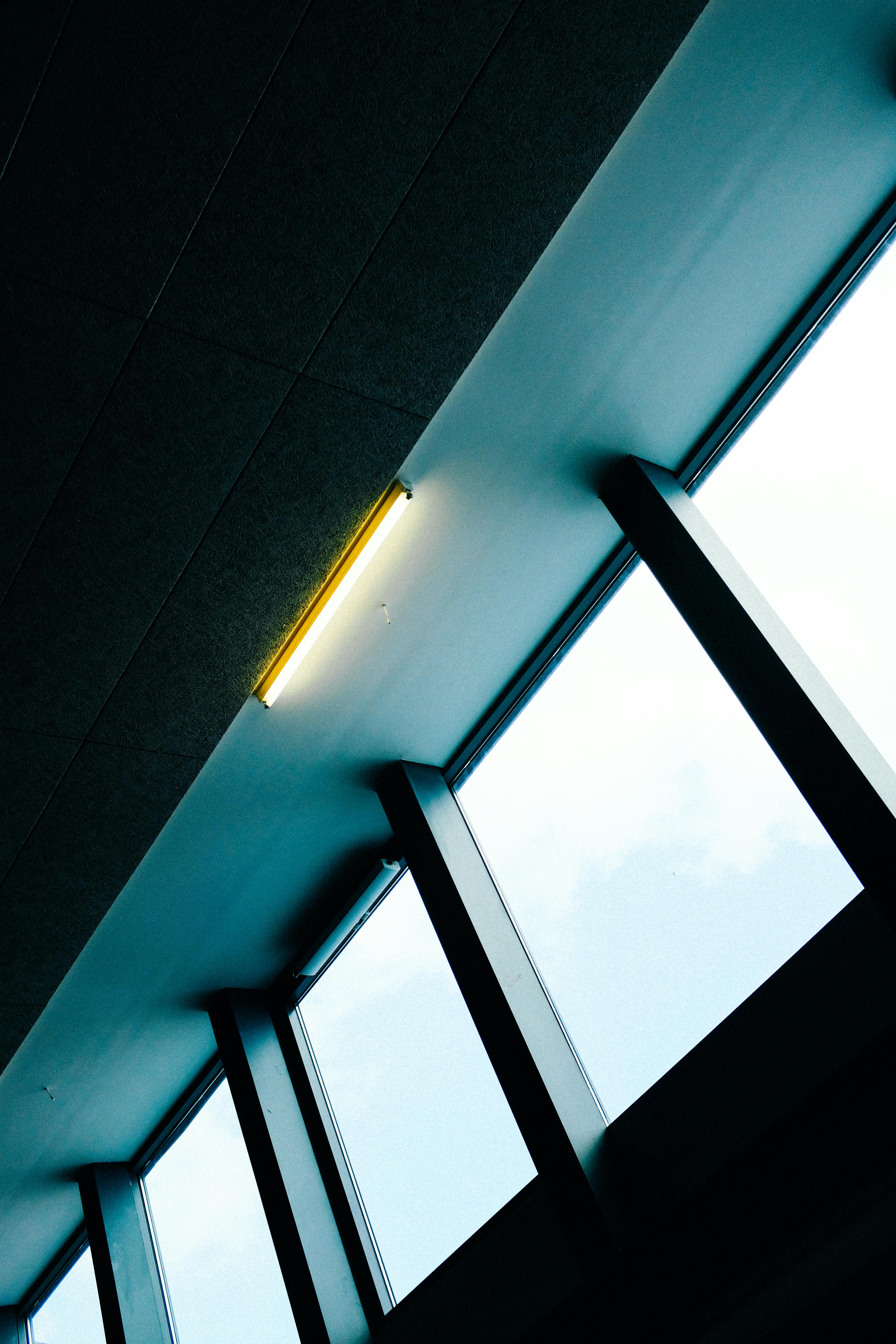 A contemporary skylight view with architectural details and vivid lighting contrasts.