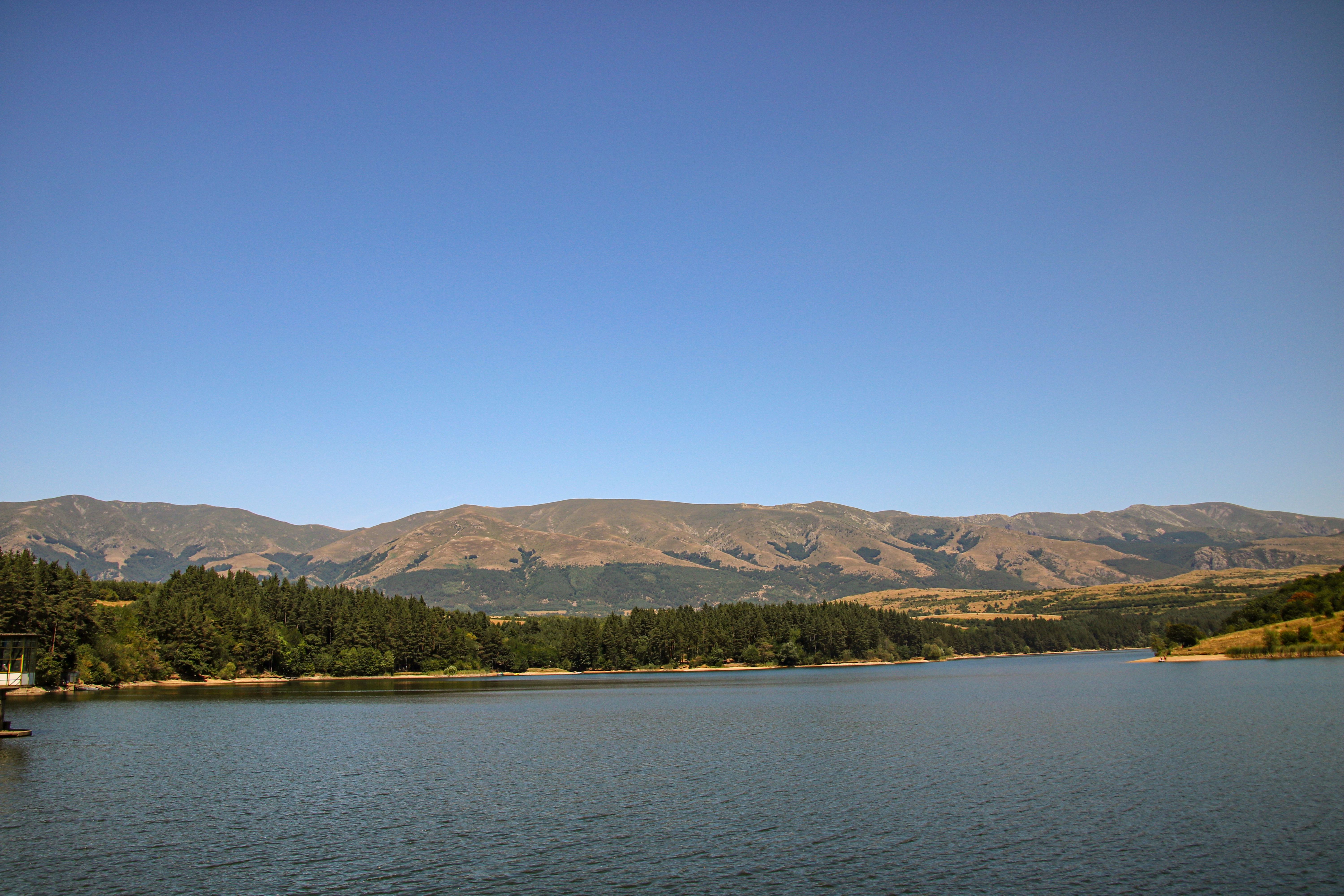 Pancharevo Lake with wooded hills south east of Sofia