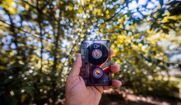 A hand holds a vintage cassette tape surrounded by blurred sunlight through trees.