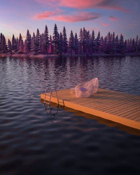 A picturesque sunset over a tranquil lake with a wooden dock and vibrant sky.
