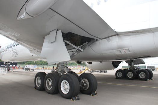 Close-up of an Airbus A350-1000's landing gear while parked on a tarmac.