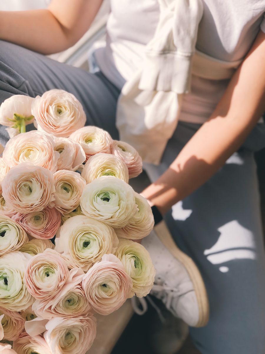 Hand holding a blush pink ranunculus bouquet