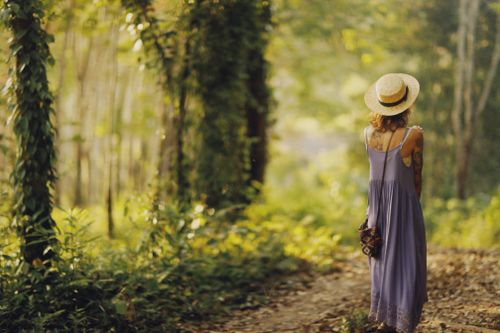 Free A woman in a straw hat walks through a sunlit forest in a flowing dress, embracing nature. Stock Photo