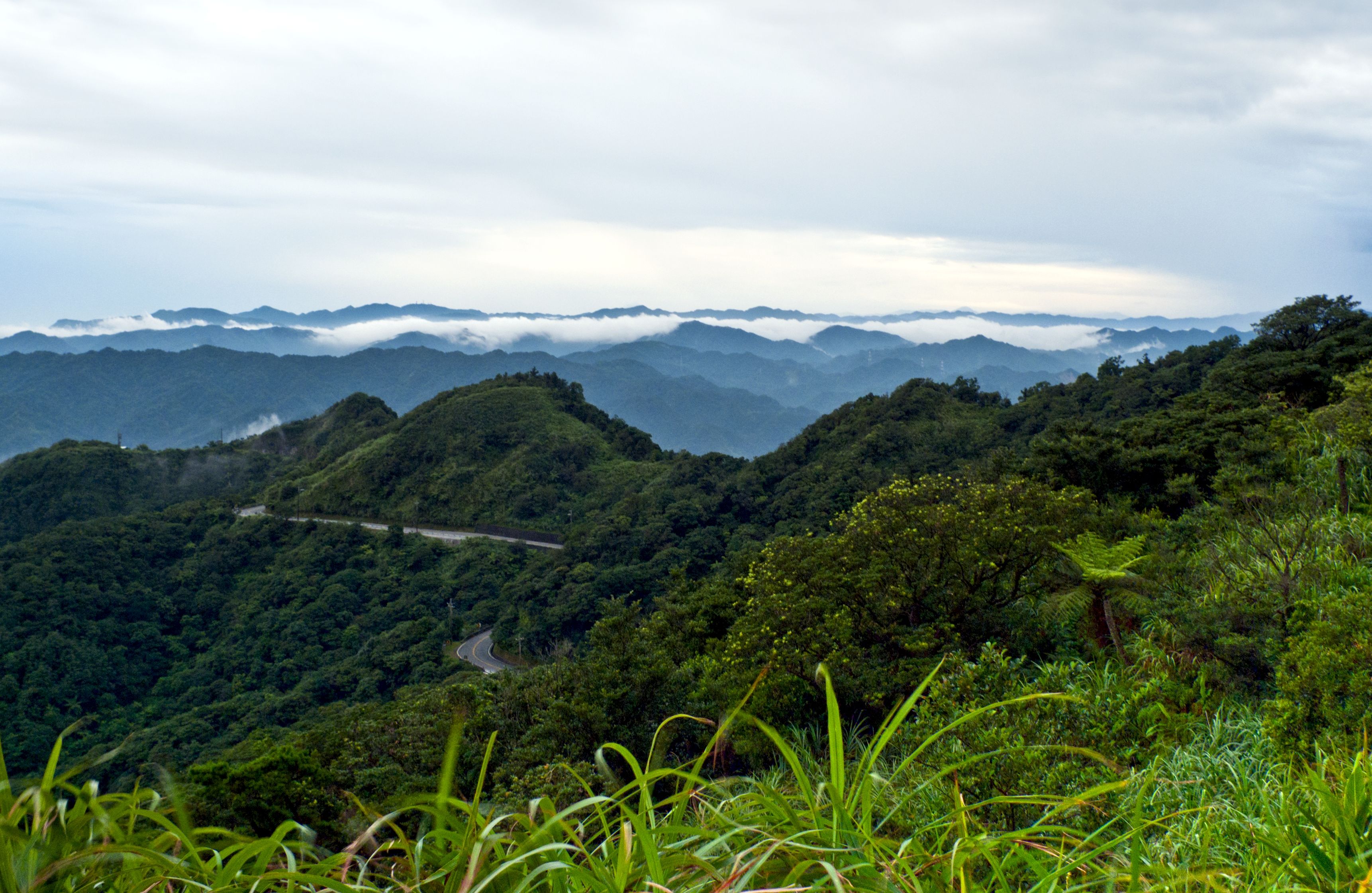 Scenic view of Taiwan's lush mountains with cloudy skies and winding roads