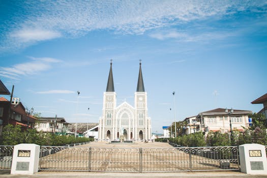 The Cathedral of Immaculate Conception under a clear blue sky in Chanthaburi, Thailand.