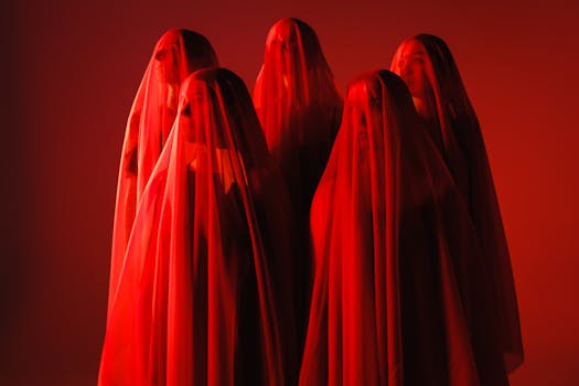 A group of veiled women standing together, shrouded in red, creating a mysterious and dramatic atmosphere.