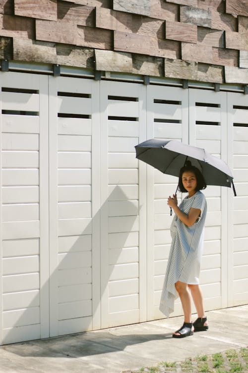 Free A Woman in a Striped Dress Holding an Umbrella Stock Photo