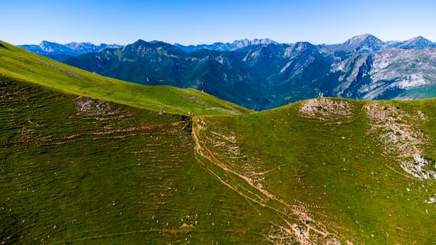 A breathtaking aerial view of lush green mountains and peaks in Asturias, Spain under a clear blue sky.