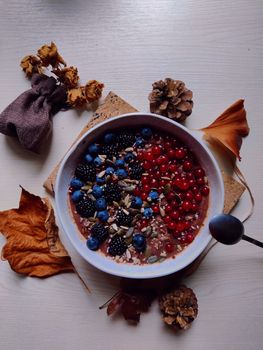 A vibrant fruit bowl featuring blueberries, blackberries, and seeds, styled with autumnal elements.