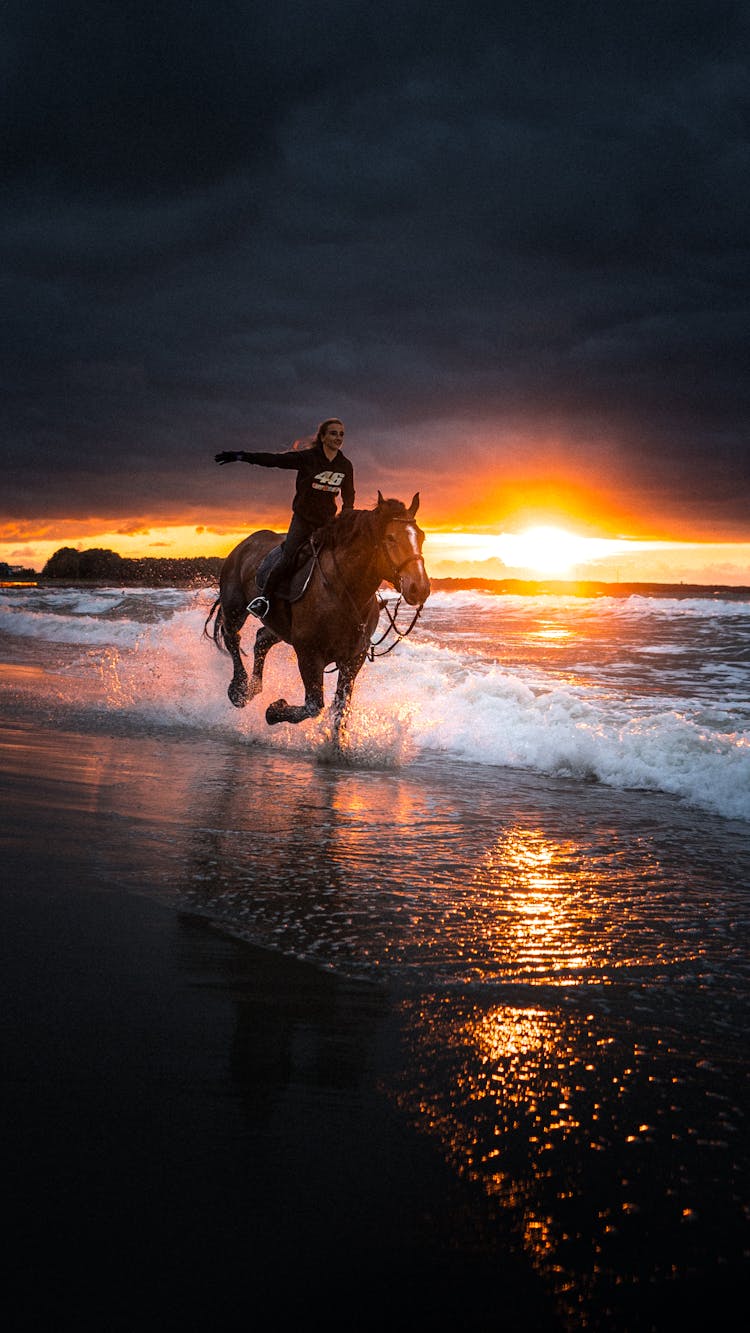 A Person Riding A Horse On The Beach