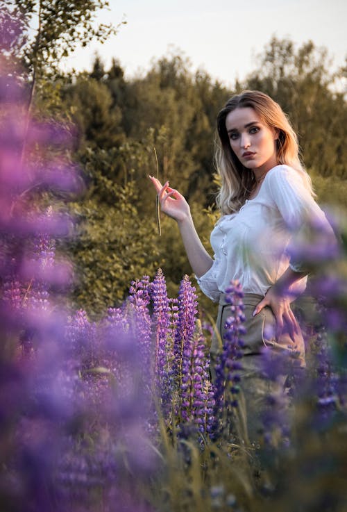 Free A Beautiful Woman Surrounded with Purple Flowers Stock Photo