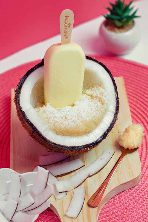 Free White Ice Cream on a Coconut Shell Stock Photo