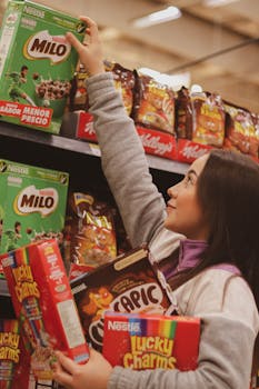 Woman reaches for cereal box while shopping in supermarket aisle, holding groceries.