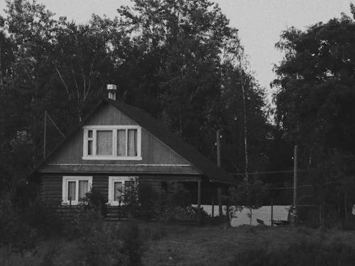 Grayscale Photo of a House by the Lake