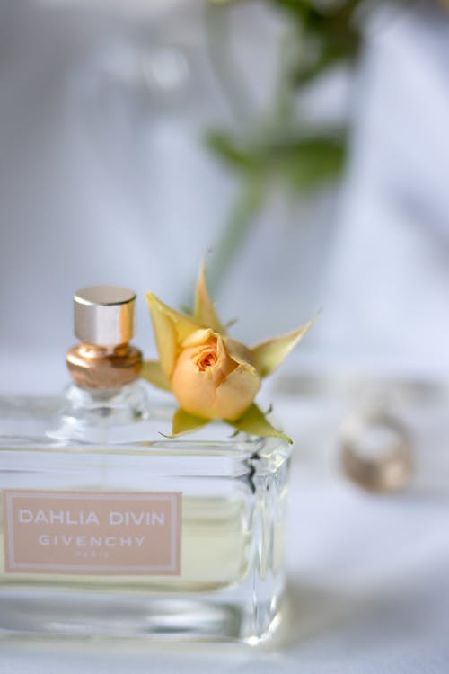 Free Yellow Rose Bud on a Bottle of Perfume Stock Photo