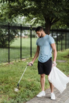 A man in casual attire picks up trash in a park, promoting environmental conservation.