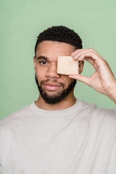 Portrait of a man holding a bar of soap against a soft green background, promoting eco-friendly choices.