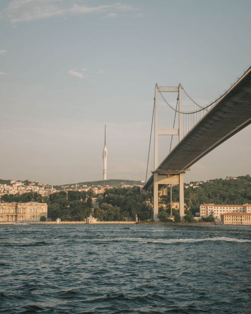 Free Stunning view of the Bosphorus Bridge spanning over Istanbul with buildings and calm sea. Stock Photo