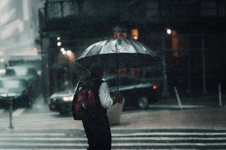 A Man With An Umbrella In A City