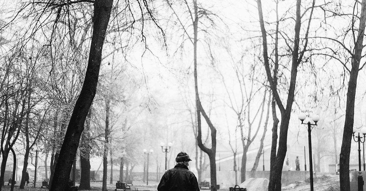 person walking outside with no phone, autumn park, peaceful