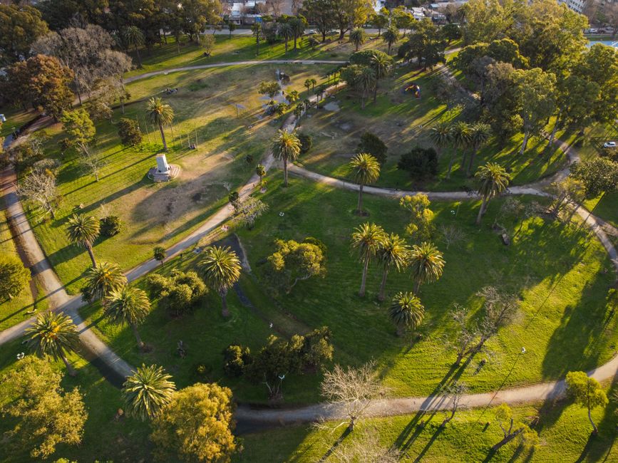Outstanding Helicopter Flight: Ushuaia from the Air - A7 Review 2026 - A stunning aerial view of a vibrant park with palm trees in Buenos Aires.