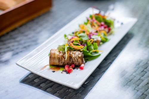 Free Delicious beef roulade served with a vibrant salad on a rectangular plate, ideal for gourmet food lovers. Stock Photo