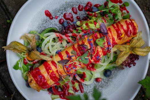 Vegetable Salad and Hotdog on White Ceramic Plate