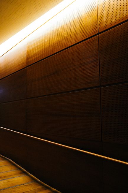 Warm wooden interior design featuring ceiling lighting for an elegant ambiance.