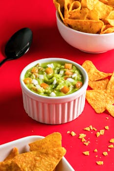 Tasty guacamole dip with crunchy nachos, perfect for party snacks or appetizers.