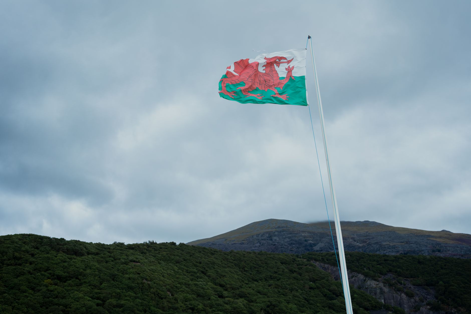 The Welsh flag fluttering in a cloudy sky over a lush green landscape in Wales.