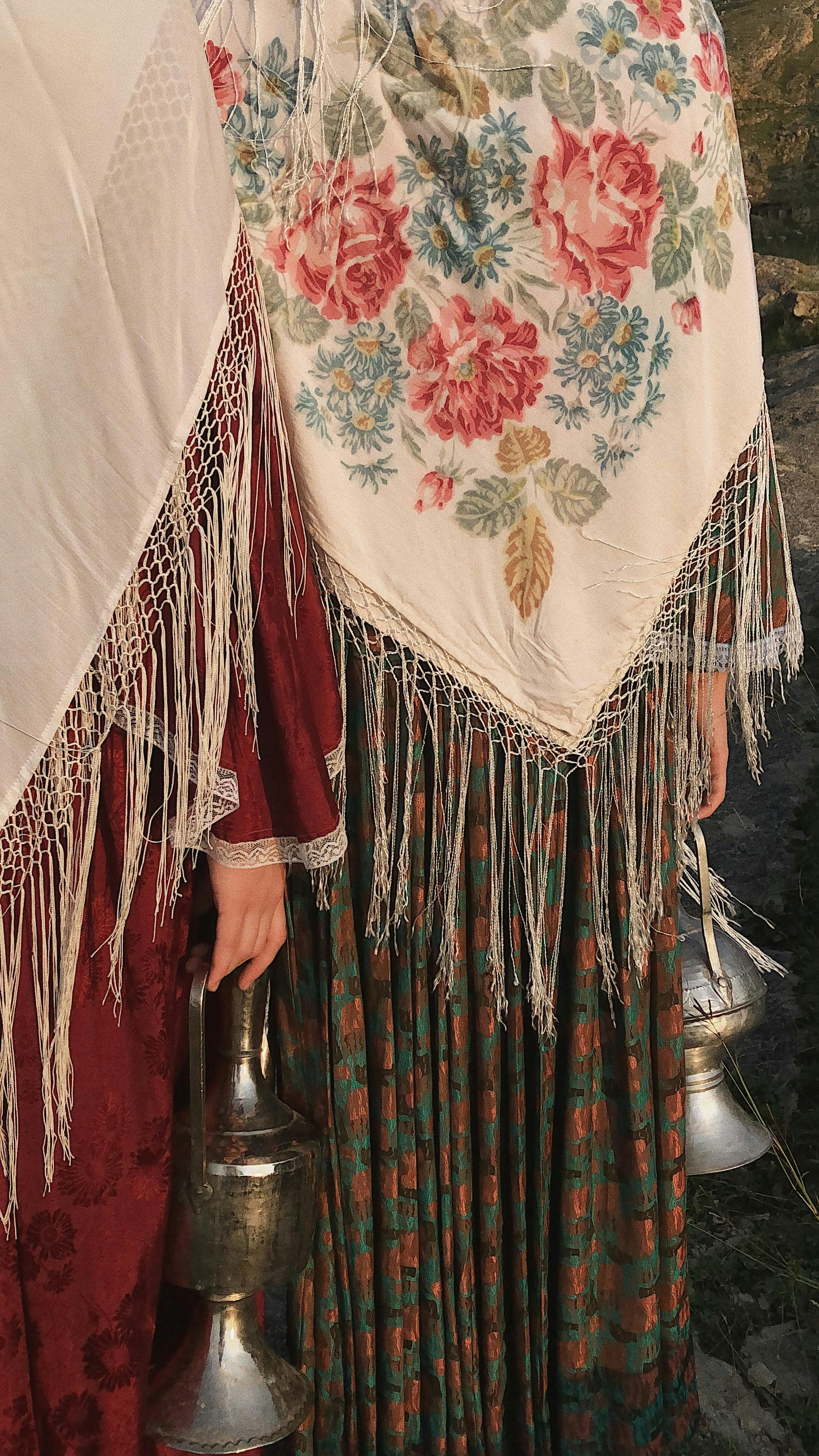Close-up of traditional floral scarves and clothing in Dagestan, Russia.