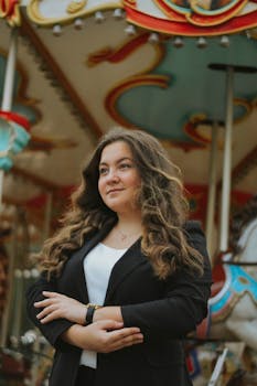 A woman with wavy hair stands confidently in front of a colorful carousel.