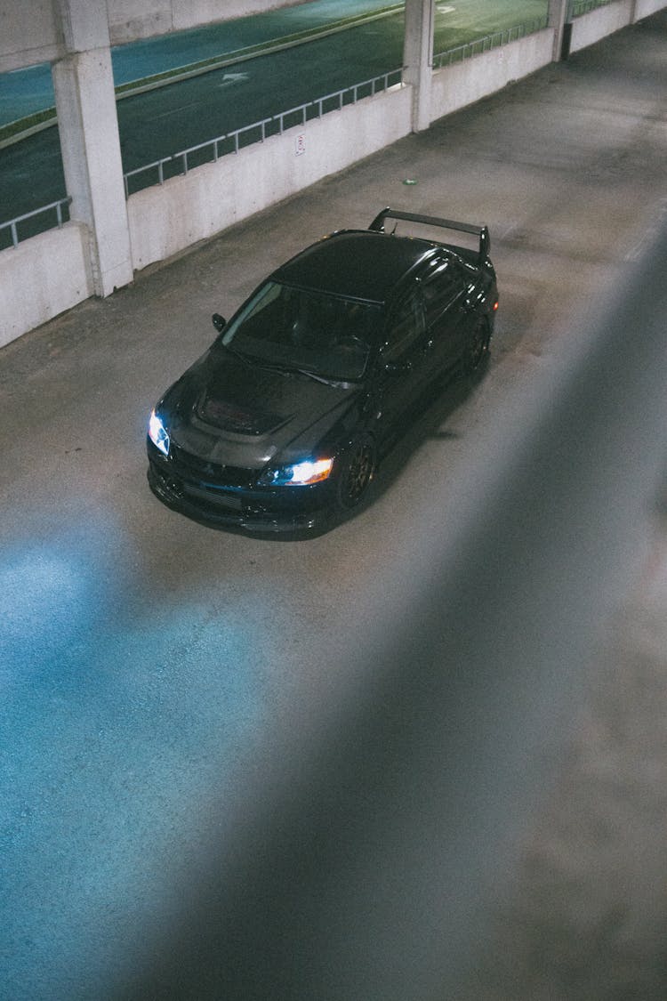 High-Angle Shot Of Black Mitsubishi Lancer Evolution