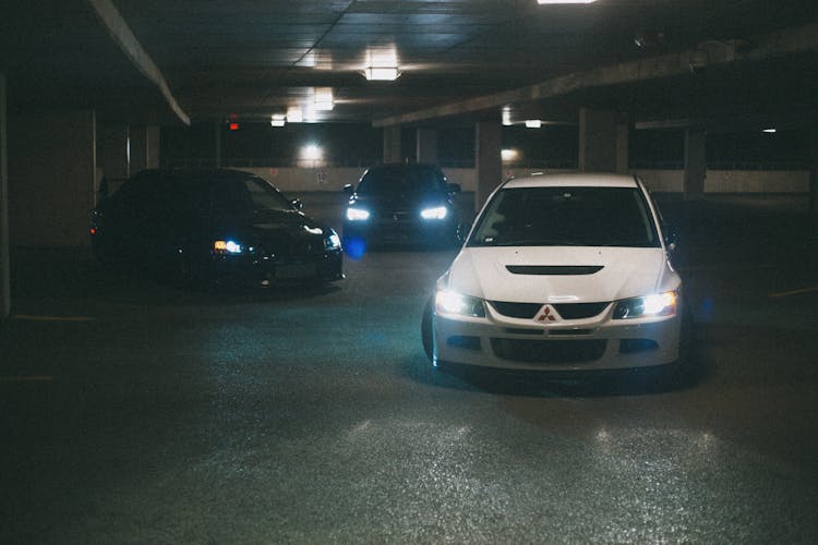 Cars With Lights On Underground Parking