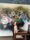 Woman in White Dress Sitting on Brown Wooden Bench With Dogs Painting