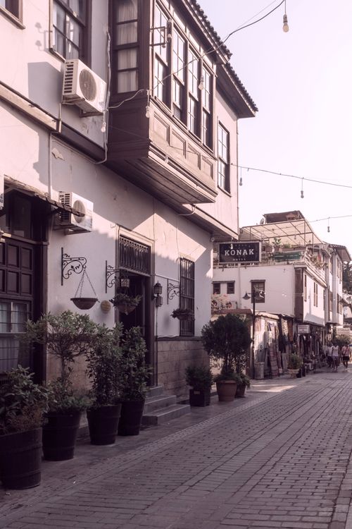 Free A peaceful street lined with historic buildings and plants under soft light, evoking a charming urban ambiance. Stock Photo