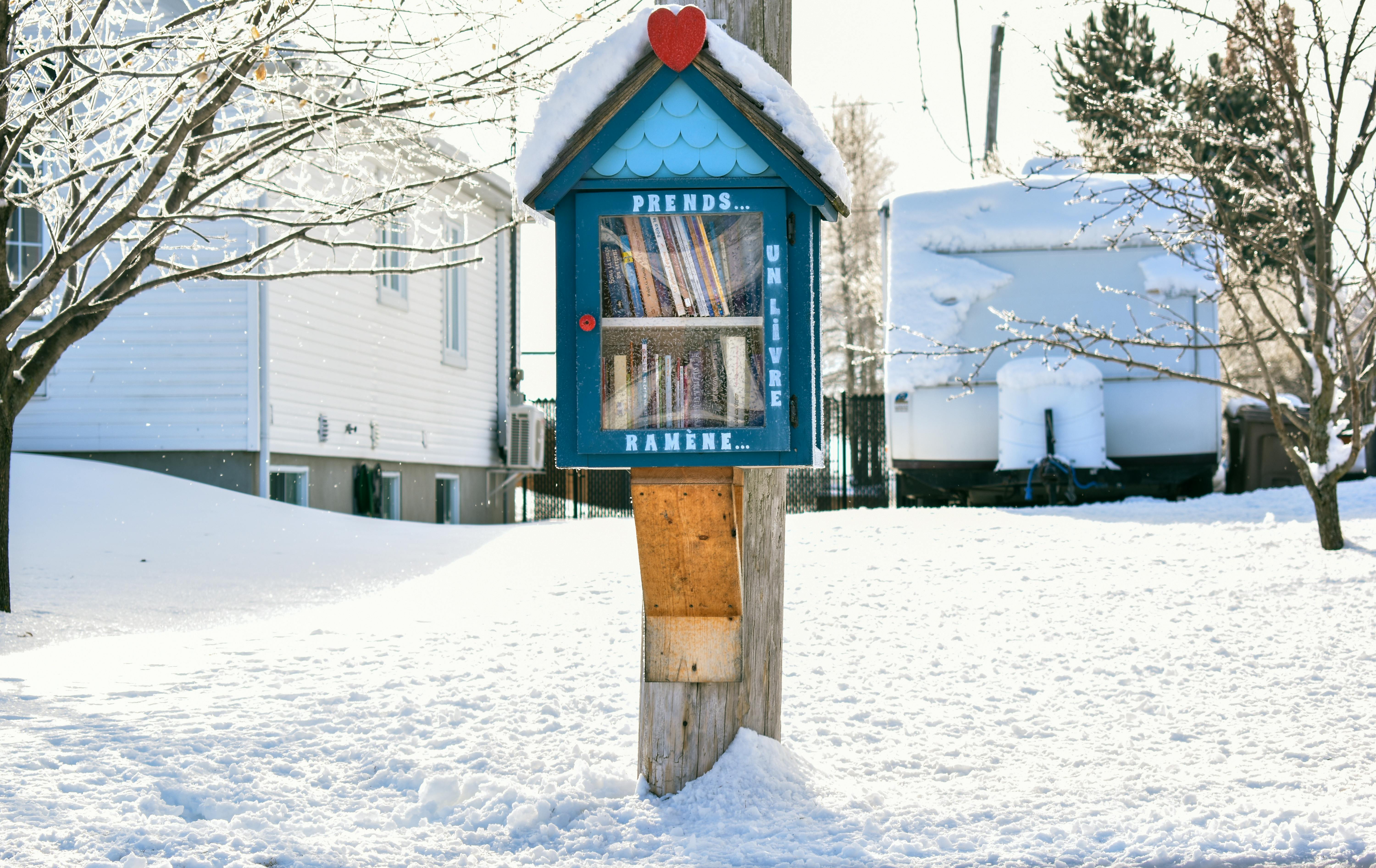 a wooden bookcase on the post covered with snow