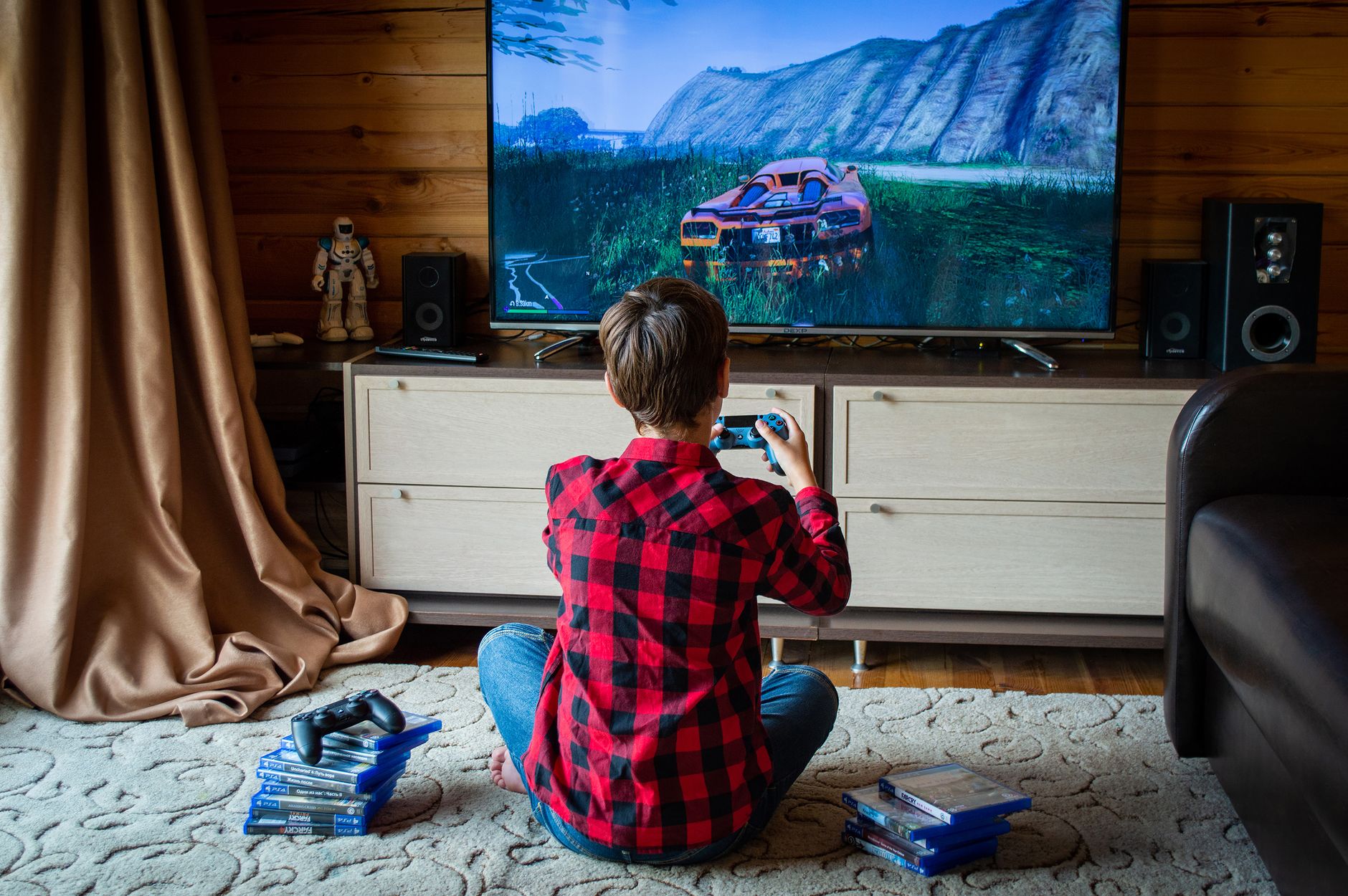 Boy in plaid shirt playing video games on console in a cozy living room setting.