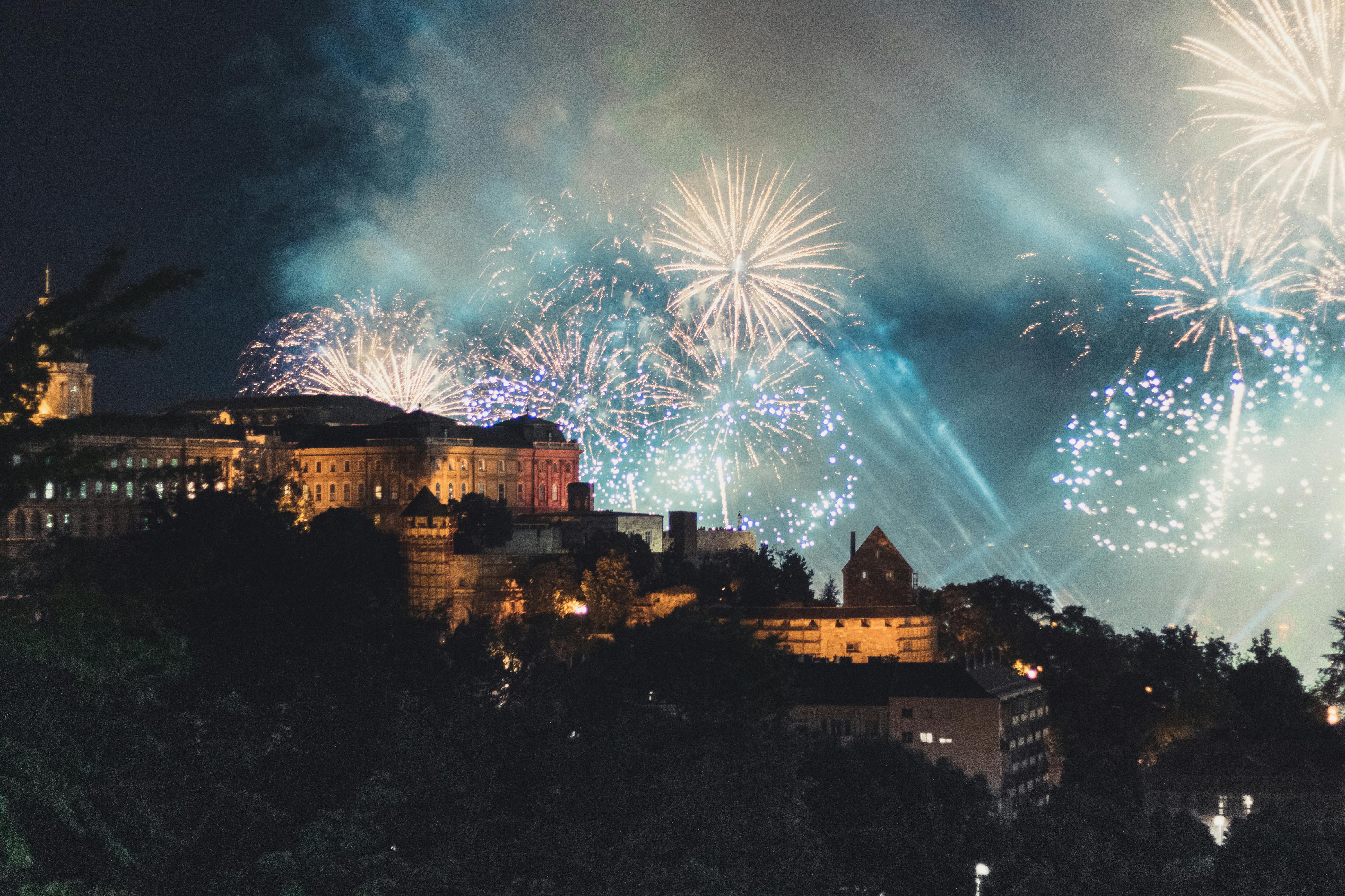 Colorful fireworks illuminating the Budapest skyline, creating a stunning night scene.