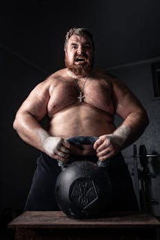 Shirtless man displaying strength while lifting a heavy kettlebell in a dim gym environment.