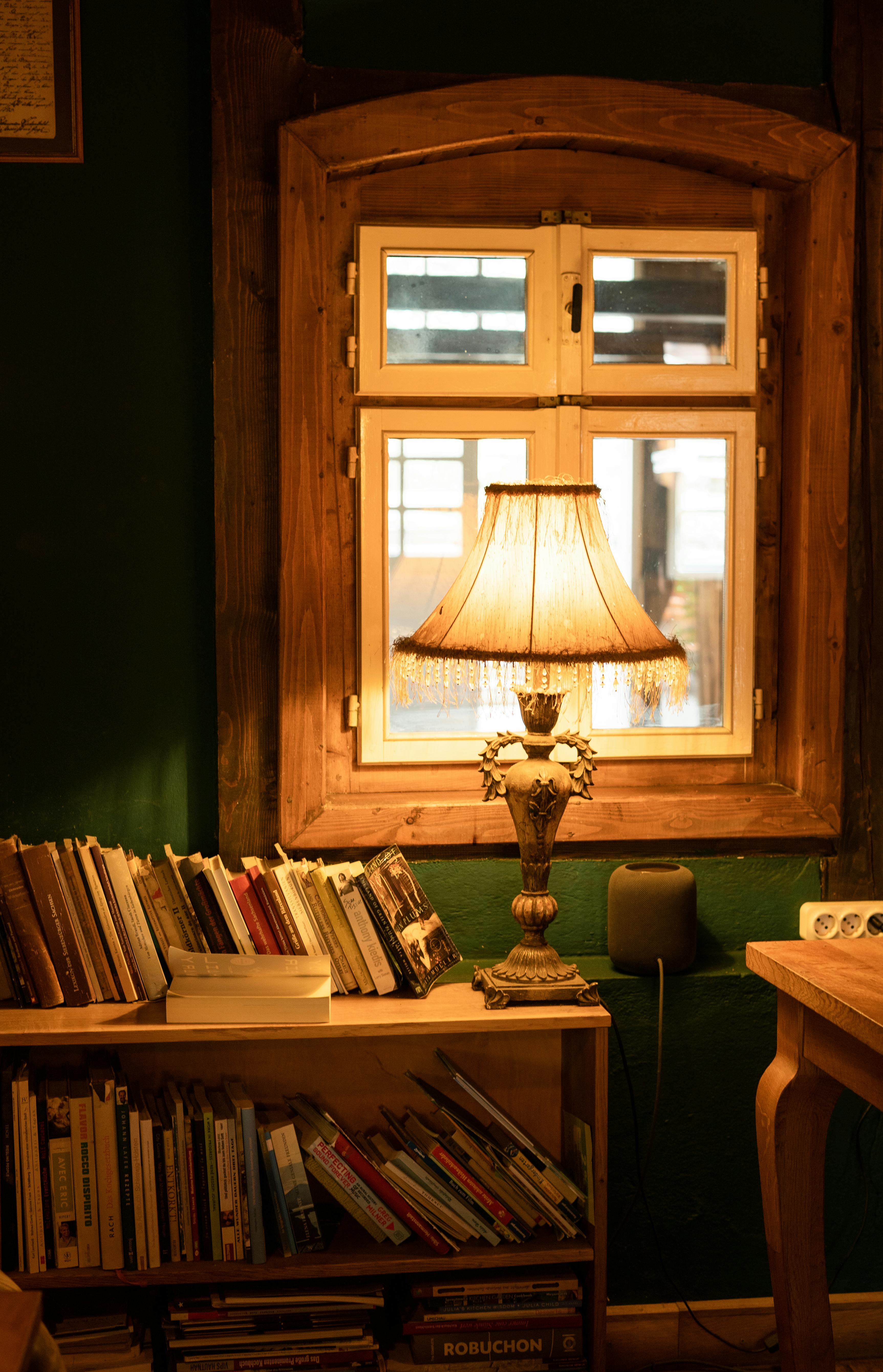 Warm and inviting cabin interior featuring a vintage lamp and bookshelves by a wooden window.