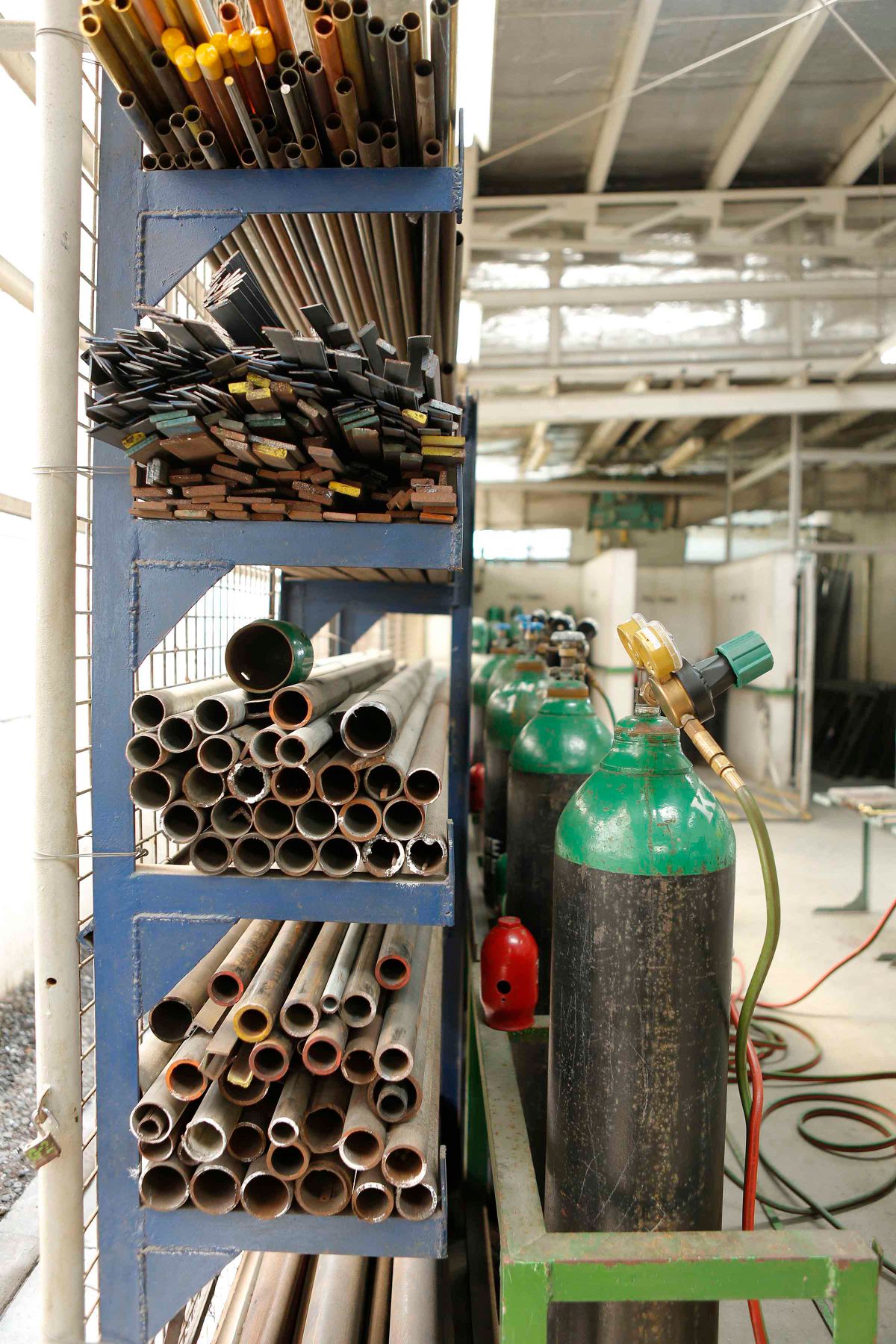 Gas cylinders at a filling depot, where a medical oxygen refill is actually carried out