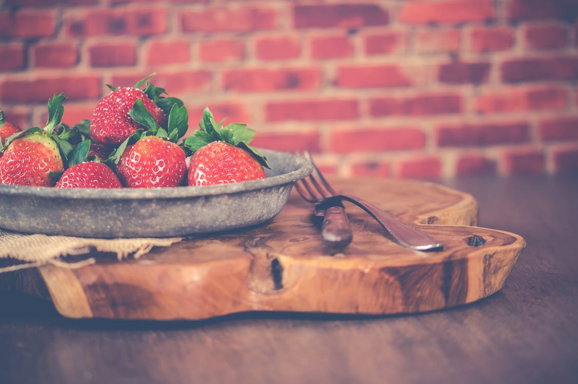 Strawberries on Gray Steel Bowl