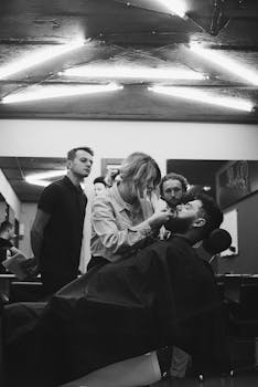 A barber styling a man's hair in a trendy barbershop, surrounded by watching individuals.