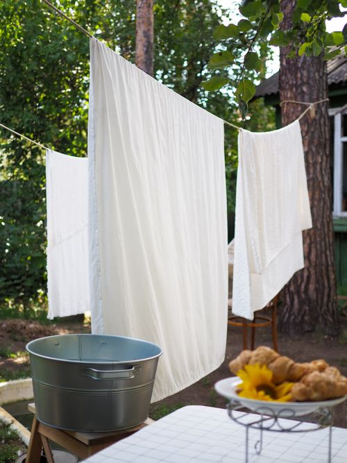 Free Clothes drying outside on a line in a lush garden with metal bucket in foreground. Stock Photo